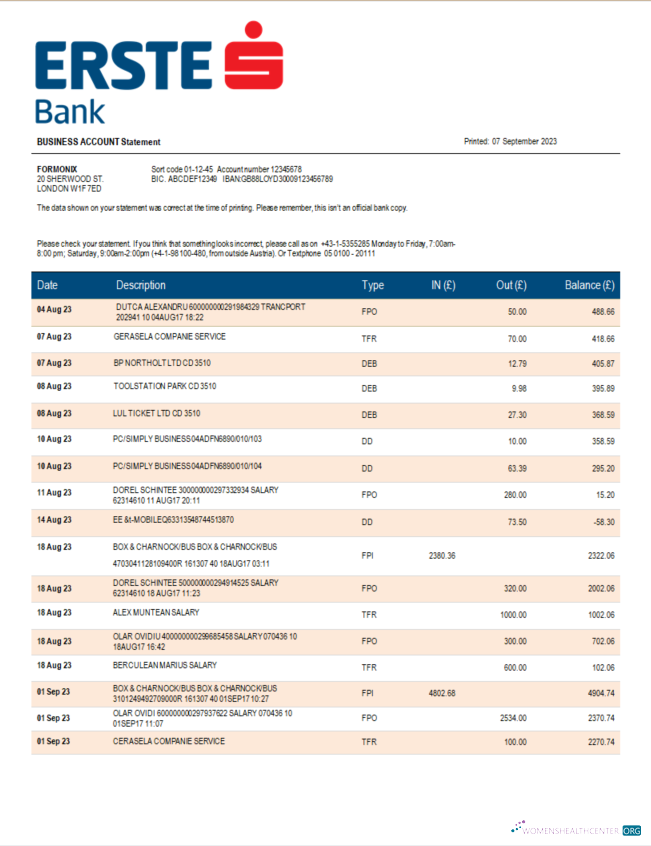 Download Erste Bank firm checking account statement Word and PDF template Photoshop template
